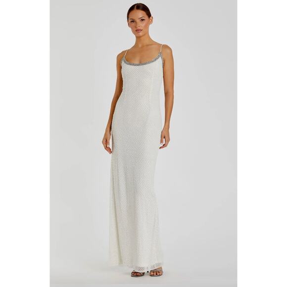 Mac Duggal ‎ White Beaded Spaghetti Strap Column Gown 14 - Picture 1 of 13